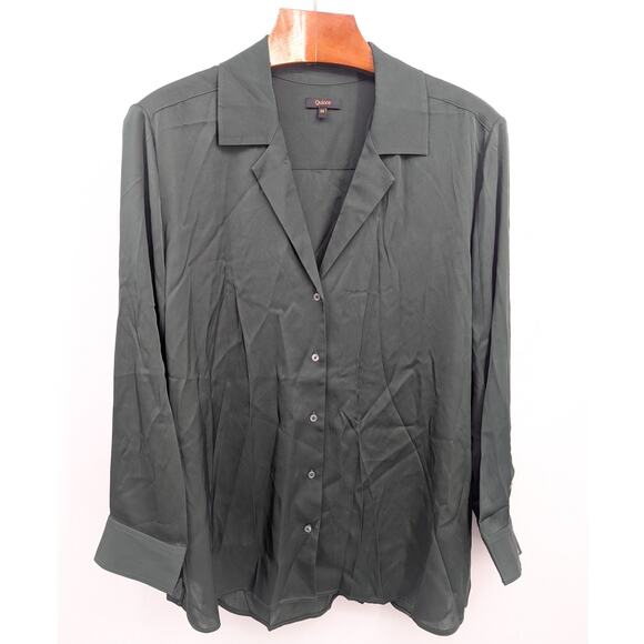 Quince Stretch Silk Blouse Dark Green Size 3X Button Front Long Sleeve 90% Silk - Picture 1 of 5